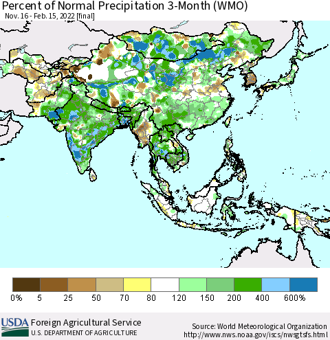Asia Percent of Normal Precipitation 3-Month (WMO) Thematic Map For 11/16/2021 - 2/15/2022