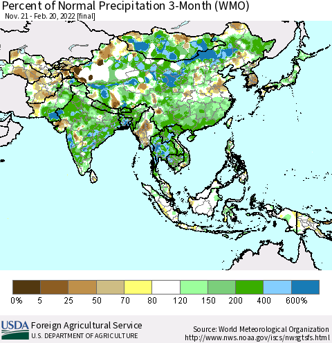 Asia Percent of Normal Precipitation 3-Month (WMO) Thematic Map For 11/21/2021 - 2/20/2022