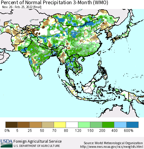 Asia Percent of Normal Precipitation 3-Month (WMO) Thematic Map For 11/26/2021 - 2/25/2022