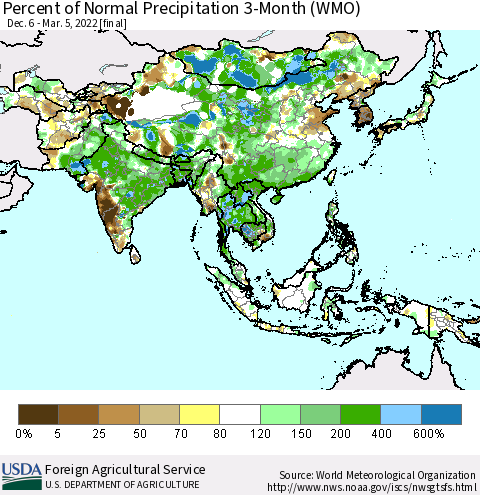 Asia Percent of Normal Precipitation 3-Month (WMO) Thematic Map For 12/6/2021 - 3/5/2022