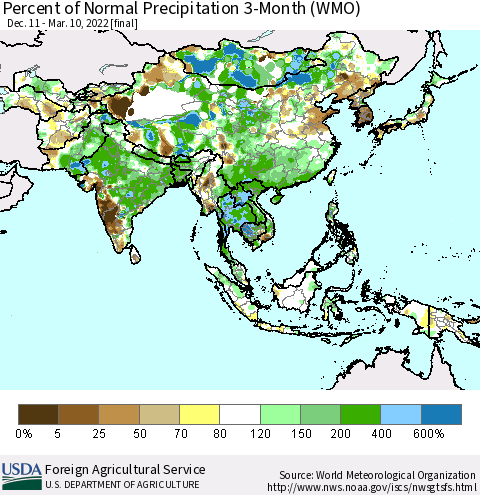 Asia Percent of Normal Precipitation 3-Month (WMO) Thematic Map For 12/11/2021 - 3/10/2022