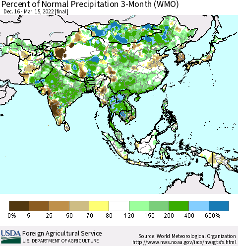 Asia Percent of Normal Precipitation 3-Month (WMO) Thematic Map For 12/16/2021 - 3/15/2022