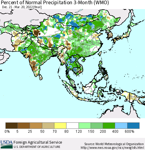 Asia Percent of Normal Precipitation 3-Month (WMO) Thematic Map For 12/21/2021 - 3/20/2022