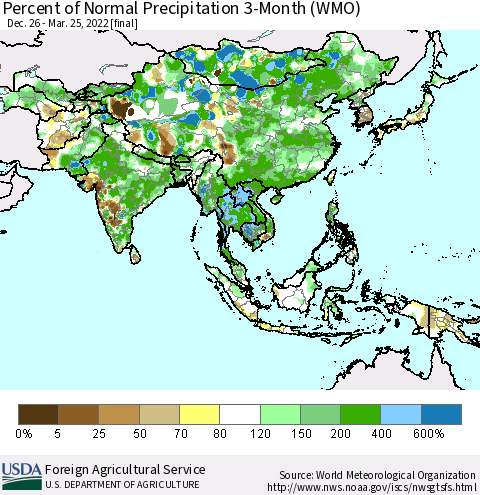 Asia Percent of Normal Precipitation 3-Month (WMO) Thematic Map For 12/26/2021 - 3/25/2022