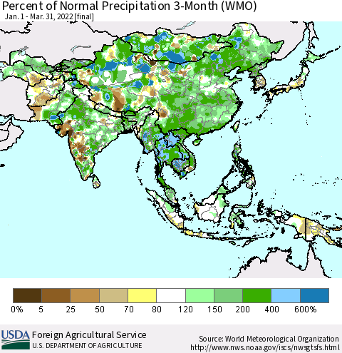 Asia Percent of Normal Precipitation 3-Month (WMO) Thematic Map For 1/1/2022 - 3/31/2022