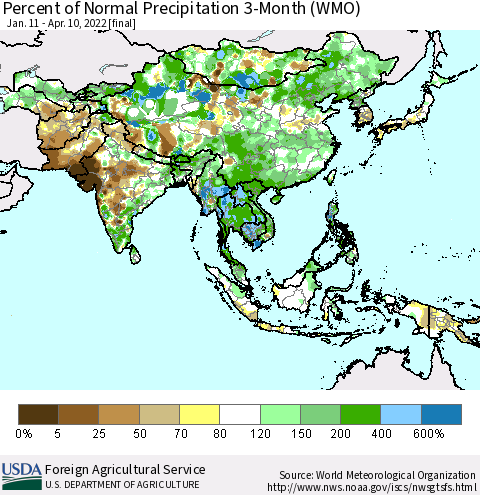 Asia Percent of Normal Precipitation 3-Month (WMO) Thematic Map For 1/11/2022 - 4/10/2022