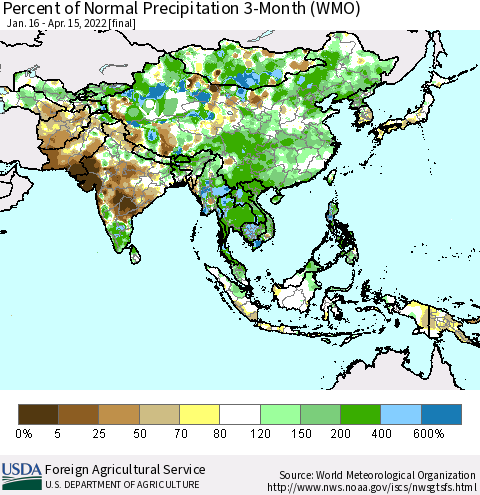 Asia Percent of Normal Precipitation 3-Month (WMO) Thematic Map For 1/16/2022 - 4/15/2022