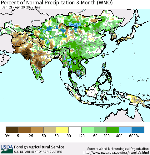 Asia Percent of Normal Precipitation 3-Month (WMO) Thematic Map For 1/21/2022 - 4/20/2022