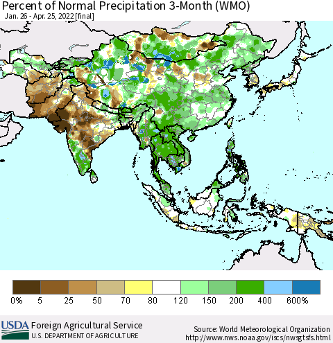 Asia Percent of Normal Precipitation 3-Month (WMO) Thematic Map For 1/26/2022 - 4/25/2022