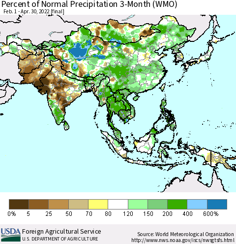 Asia Percent of Normal Precipitation 3-Month (WMO) Thematic Map For 2/1/2022 - 4/30/2022