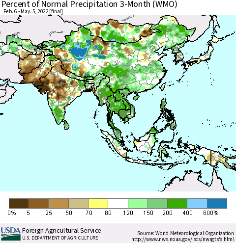 Asia Percent of Normal Precipitation 3-Month (WMO) Thematic Map For 2/6/2022 - 5/5/2022
