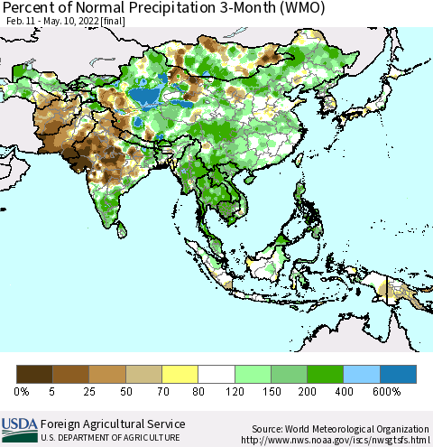 Asia Percent of Normal Precipitation 3-Month (WMO) Thematic Map For 2/11/2022 - 5/10/2022