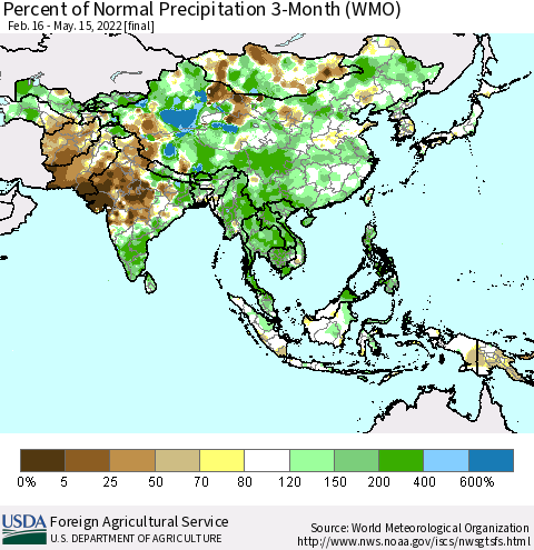 Asia Percent of Normal Precipitation 3-Month (WMO) Thematic Map For 2/16/2022 - 5/15/2022
