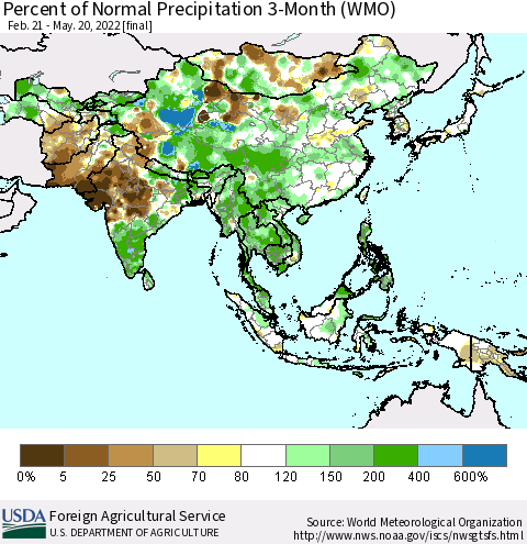 Asia Percent of Normal Precipitation 3-Month (WMO) Thematic Map For 2/21/2022 - 5/20/2022