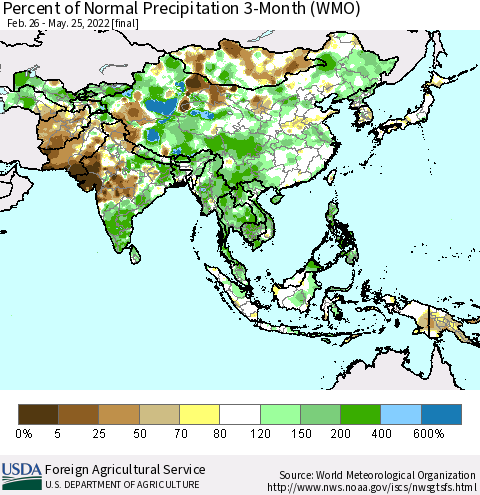 Asia Percent of Normal Precipitation 3-Month (WMO) Thematic Map For 2/26/2022 - 5/25/2022