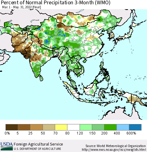 Asia Percent of Normal Precipitation 3-Month (WMO) Thematic Map For 3/1/2022 - 5/31/2022