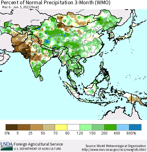 Asia Percent of Normal Precipitation 3-Month (WMO) Thematic Map For 3/6/2022 - 6/5/2022