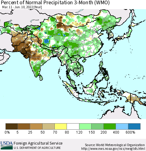 Asia Percent of Normal Precipitation 3-Month (WMO) Thematic Map For 3/11/2022 - 6/10/2022