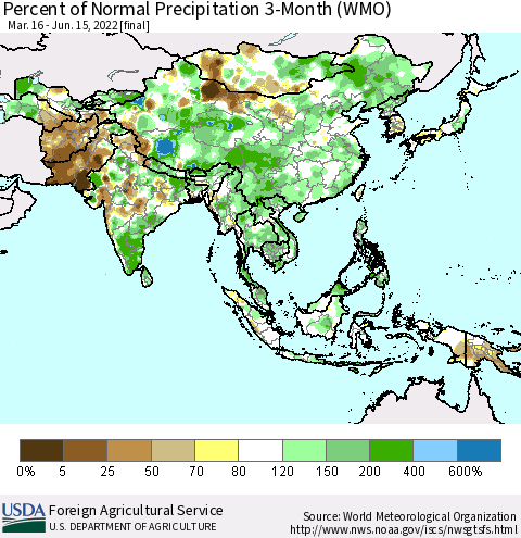 Asia Percent of Normal Precipitation 3-Month (WMO) Thematic Map For 3/16/2022 - 6/15/2022