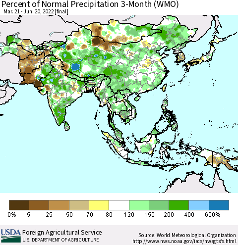 Asia Percent of Normal Precipitation 3-Month (WMO) Thematic Map For 3/21/2022 - 6/20/2022