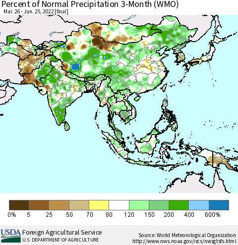 Asia Percent of Normal Precipitation 3-Month (WMO) Thematic Map For 3/26/2022 - 6/25/2022