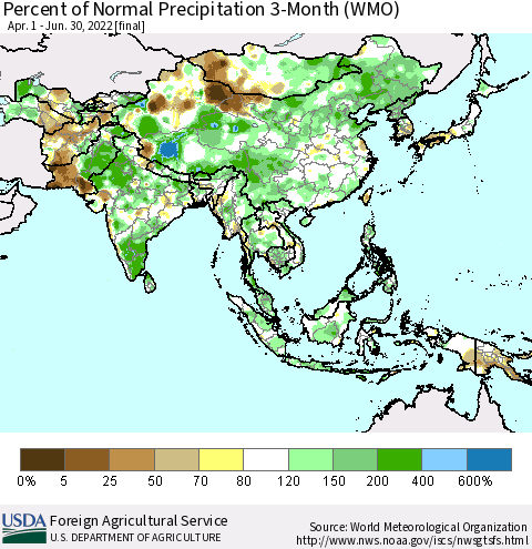 Asia Percent of Normal Precipitation 3-Month (WMO) Thematic Map For 4/1/2022 - 6/30/2022