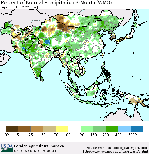 Asia Percent of Normal Precipitation 3-Month (WMO) Thematic Map For 4/6/2022 - 7/5/2022