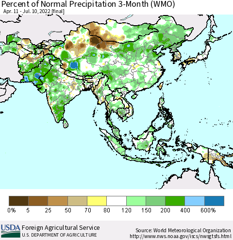 Asia Percent of Normal Precipitation 3-Month (WMO) Thematic Map For 4/11/2022 - 7/10/2022