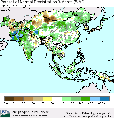 Asia Percent of Normal Precipitation 3-Month (WMO) Thematic Map For 4/26/2022 - 7/25/2022