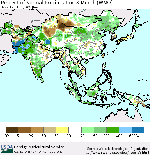 Asia Percent of Normal Precipitation 3-Month (WMO) Thematic Map For 5/1/2022 - 7/31/2022