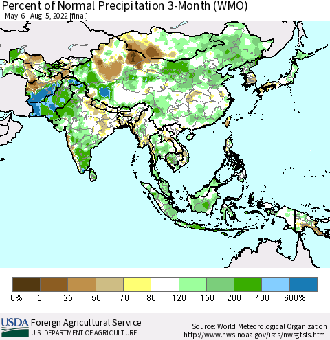 Asia Percent of Normal Precipitation 3-Month (WMO) Thematic Map For 5/6/2022 - 8/5/2022