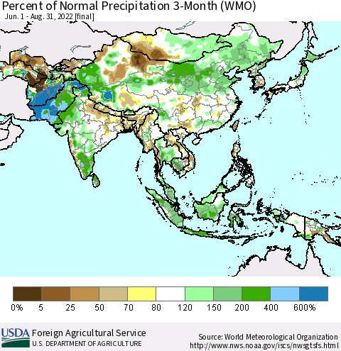 Asia Percent of Normal Precipitation 3-Month (WMO) Thematic Map For 6/1/2022 - 8/31/2022