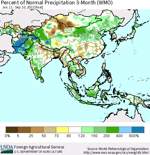 Asia Percent of Normal Precipitation 3-Month (WMO) Thematic Map For 6/11/2022 - 9/10/2022
