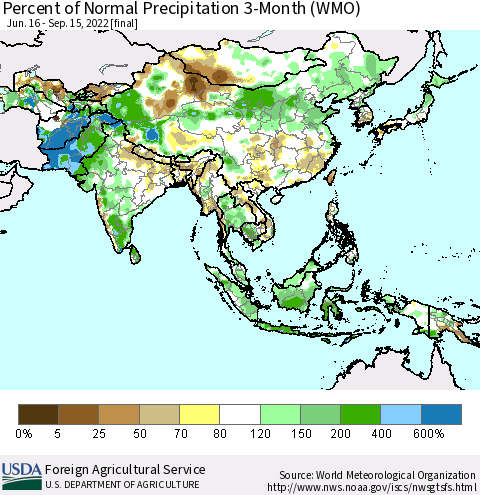 Asia Percent of Normal Precipitation 3-Month (WMO) Thematic Map For 6/16/2022 - 9/15/2022