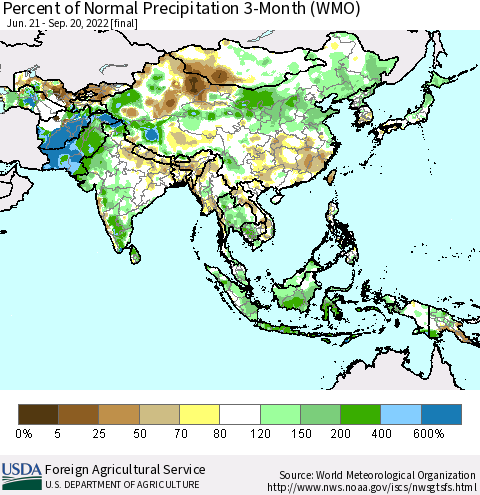 Asia Percent of Normal Precipitation 3-Month (WMO) Thematic Map For 6/21/2022 - 9/20/2022