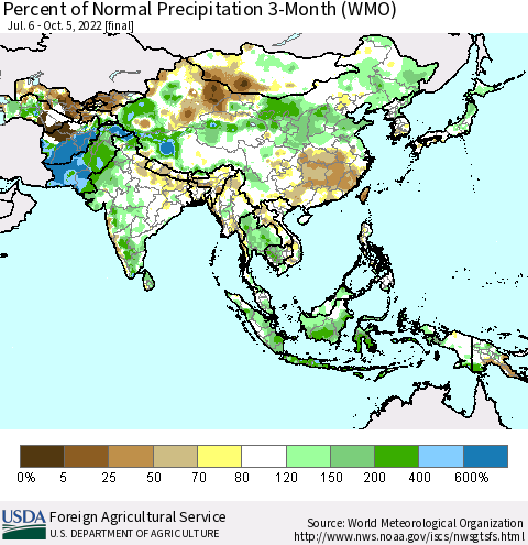 Asia Percent of Normal Precipitation 3-Month (WMO) Thematic Map For 7/6/2022 - 10/5/2022