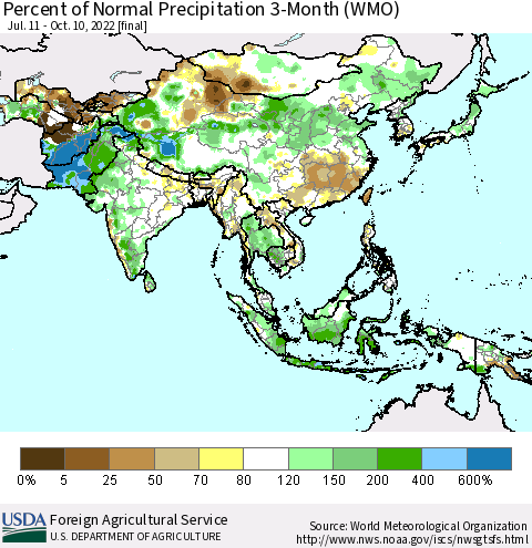 Asia Percent of Normal Precipitation 3-Month (WMO) Thematic Map For 7/11/2022 - 10/10/2022