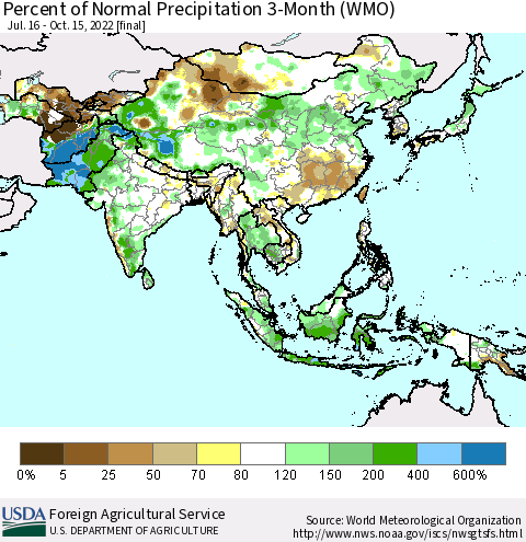 Asia Percent of Normal Precipitation 3-Month (WMO) Thematic Map For 7/16/2022 - 10/15/2022