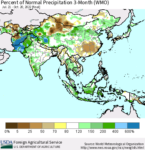 Asia Percent of Normal Precipitation 3-Month (WMO) Thematic Map For 7/21/2022 - 10/20/2022