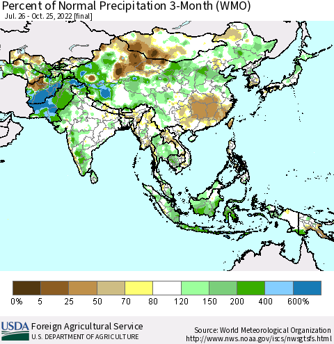 Asia Percent of Normal Precipitation 3-Month (WMO) Thematic Map For 7/26/2022 - 10/25/2022