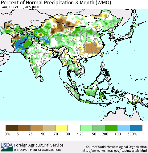 Asia Percent of Normal Precipitation 3-Month (WMO) Thematic Map For 8/1/2022 - 10/31/2022