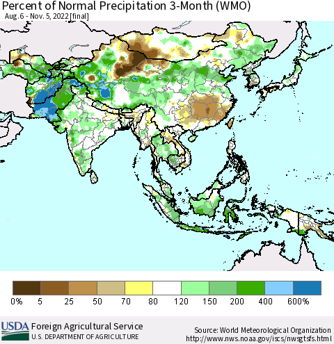 Asia Percent of Normal Precipitation 3-Month (WMO) Thematic Map For 8/6/2022 - 11/5/2022