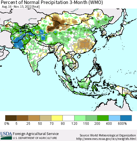 Asia Percent of Normal Precipitation 3-Month (WMO) Thematic Map For 8/16/2022 - 11/15/2022