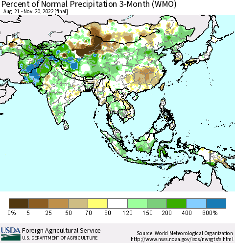 Asia Percent of Normal Precipitation 3-Month (WMO) Thematic Map For 8/21/2022 - 11/20/2022