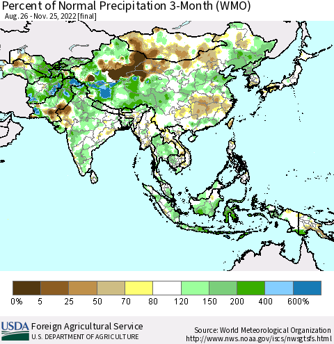 Asia Percent of Normal Precipitation 3-Month (WMO) Thematic Map For 8/26/2022 - 11/25/2022