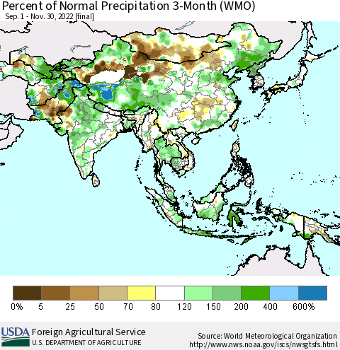 Asia Percent of Normal Precipitation 3-Month (WMO) Thematic Map For 9/1/2022 - 11/30/2022