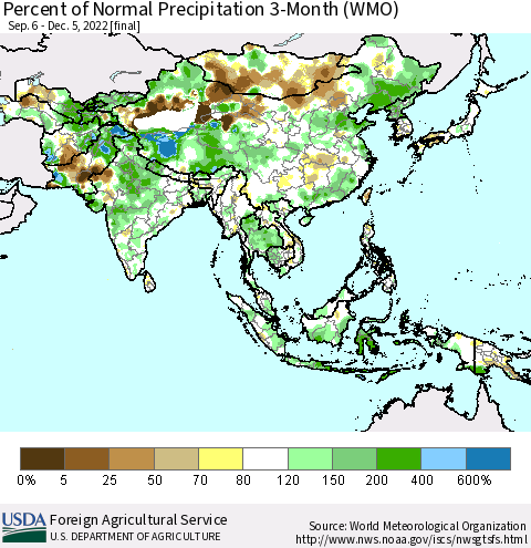 Asia Percent of Normal Precipitation 3-Month (WMO) Thematic Map For 9/6/2022 - 12/5/2022