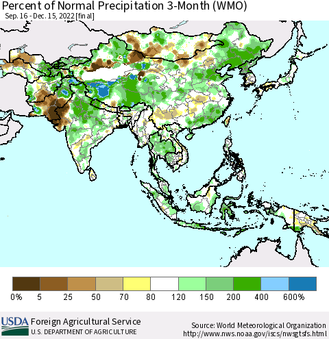 Asia Percent of Normal Precipitation 3-Month (WMO) Thematic Map For 9/16/2022 - 12/15/2022