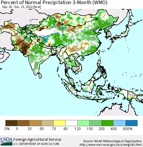 Asia Percent of Normal Precipitation 3-Month (WMO) Thematic Map For 9/26/2022 - 12/25/2022