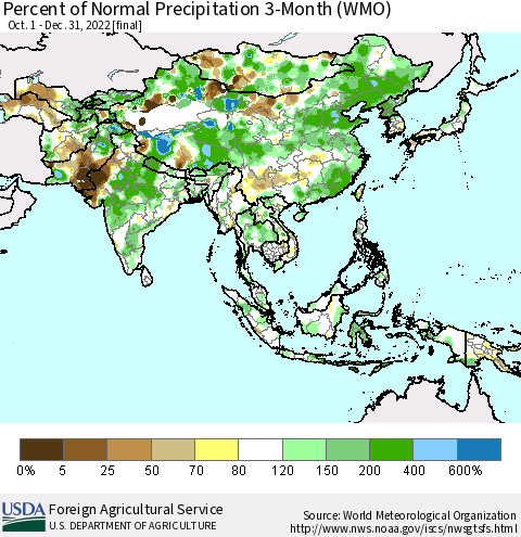 Asia Percent of Normal Precipitation 3-Month (WMO) Thematic Map For 10/1/2022 - 12/31/2022